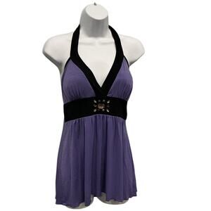 Vintage Womens Y2K Babydoll Top Size Large Bling Aubergine Purple Deadstock NEW